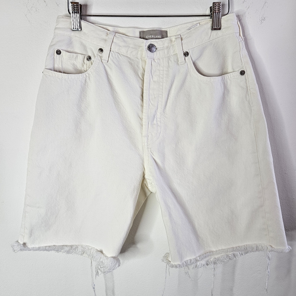 Everlane The Cheeky Long Shorts Bone White Denim Raw Hem Cotton Size 27